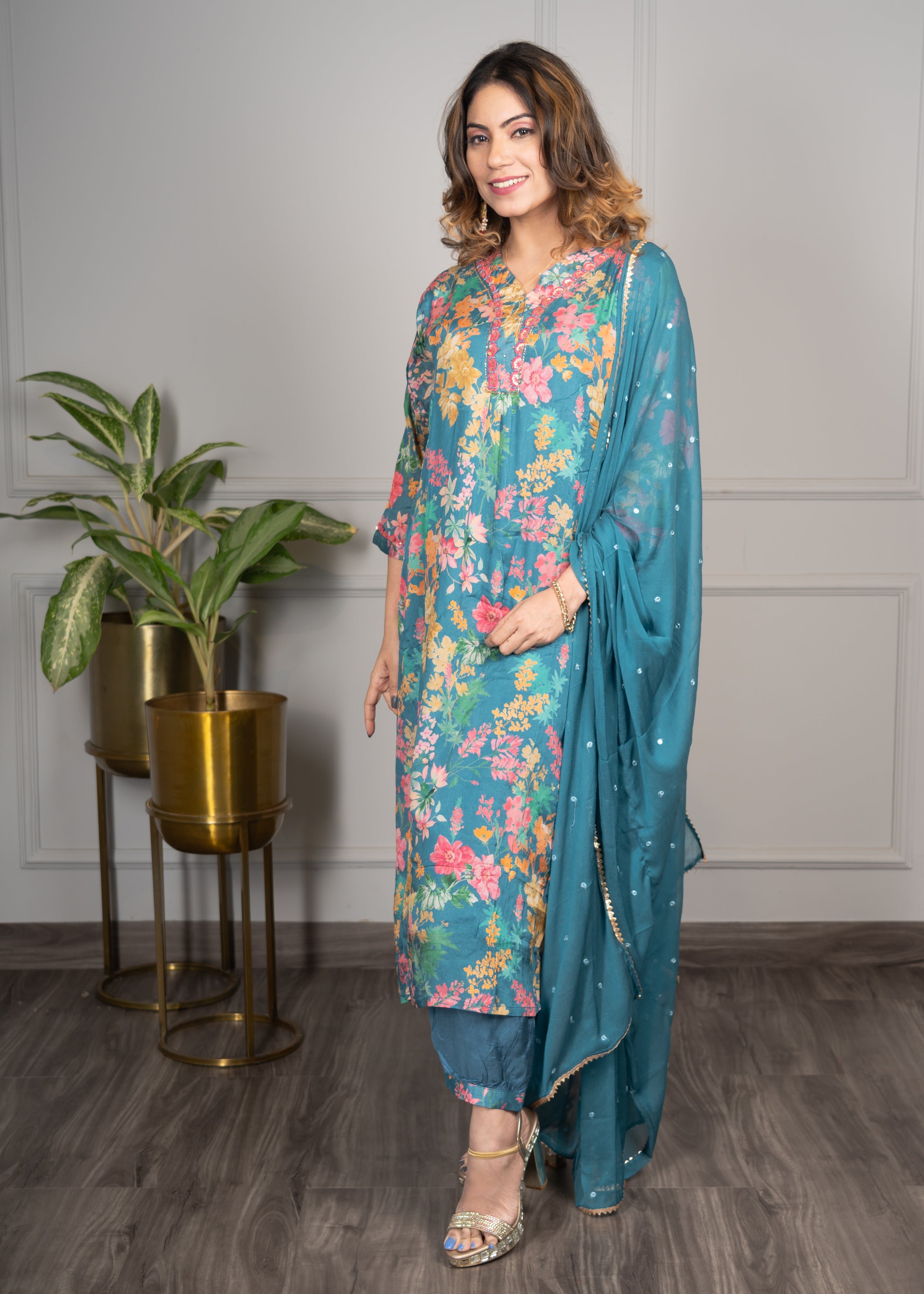 Rama Straight Floral Kurta with Afgani Salwar
