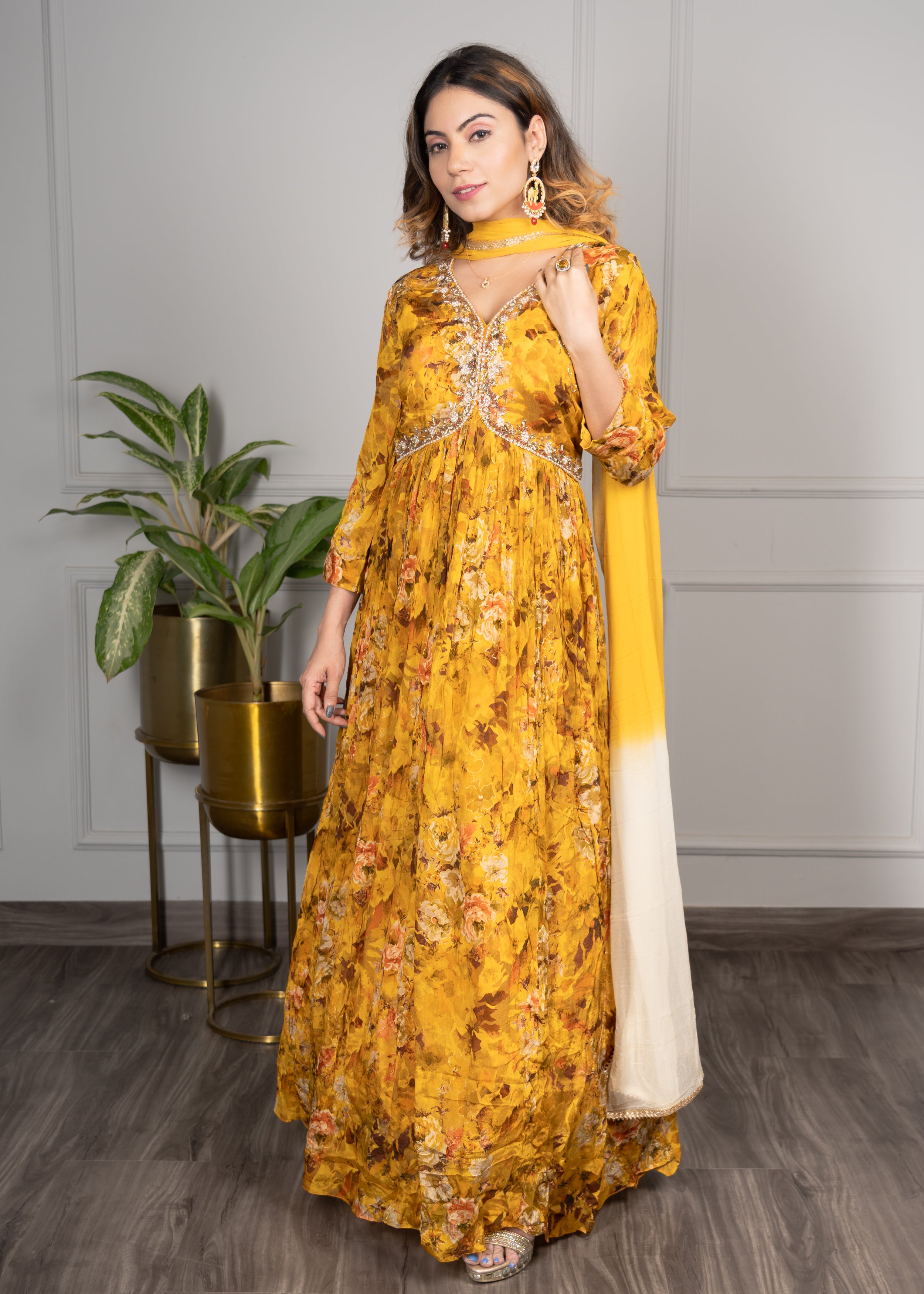 Yellow Floral Alia Cut Anarkali with Stylish Duppata💛
