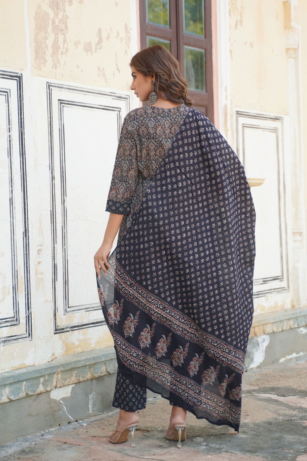 Blue Printed Angrakha Anarkali Set