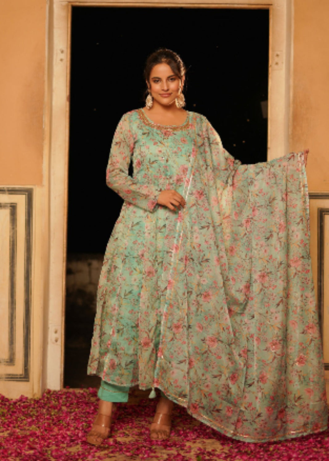 Pista Green Floral Zardozi Work Anarkali Set