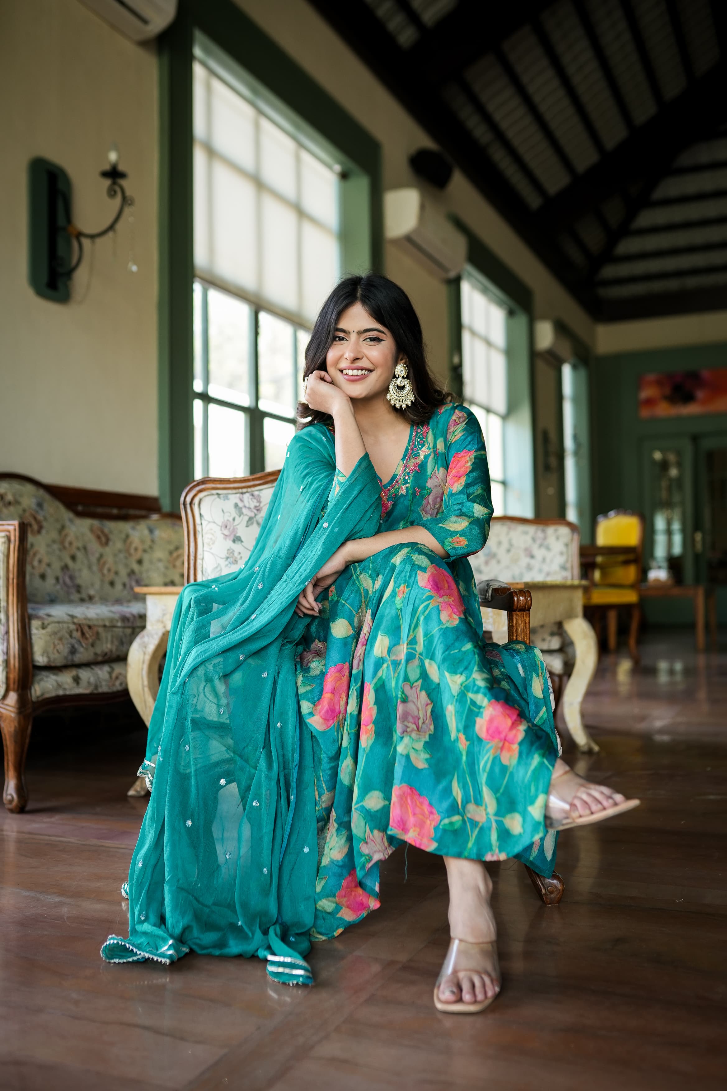 Green Floral Alia Cut kurta with dupatta and pant