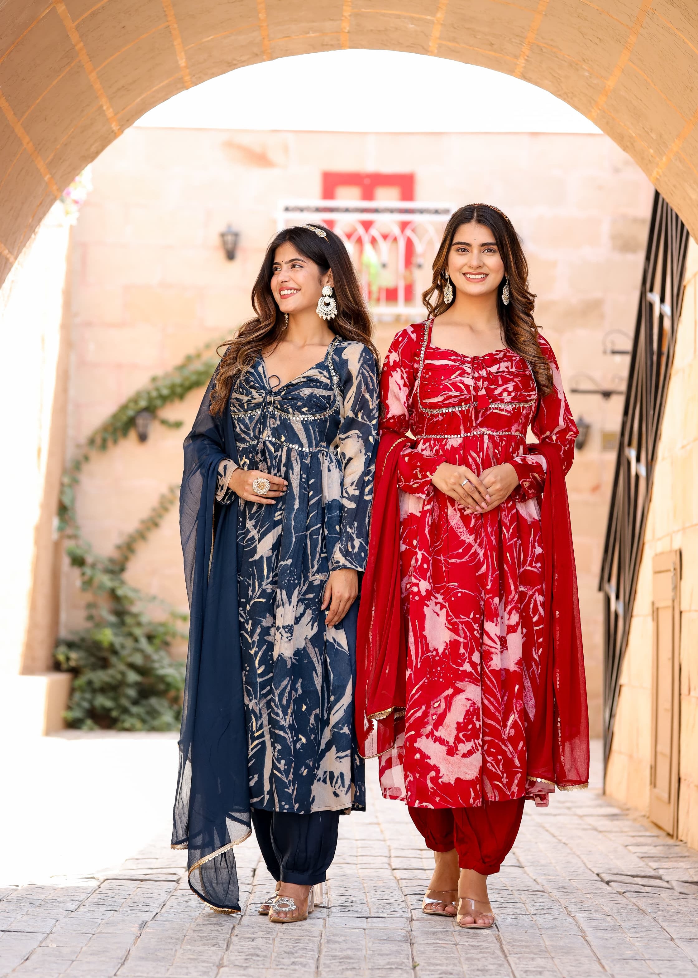 Red Printed Chinon Anarkali kurta With Afghani Salwar