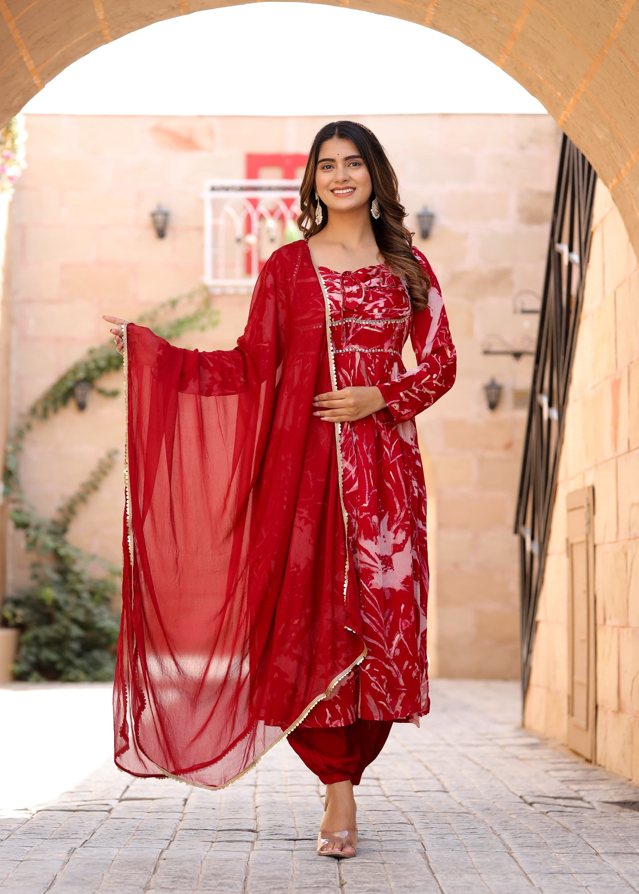 Red Printed Chinon Anarkali kurta With Afghani Salwar
