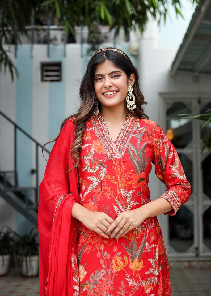V-Neck Floral Straight Kurta With Dupatta And Pant