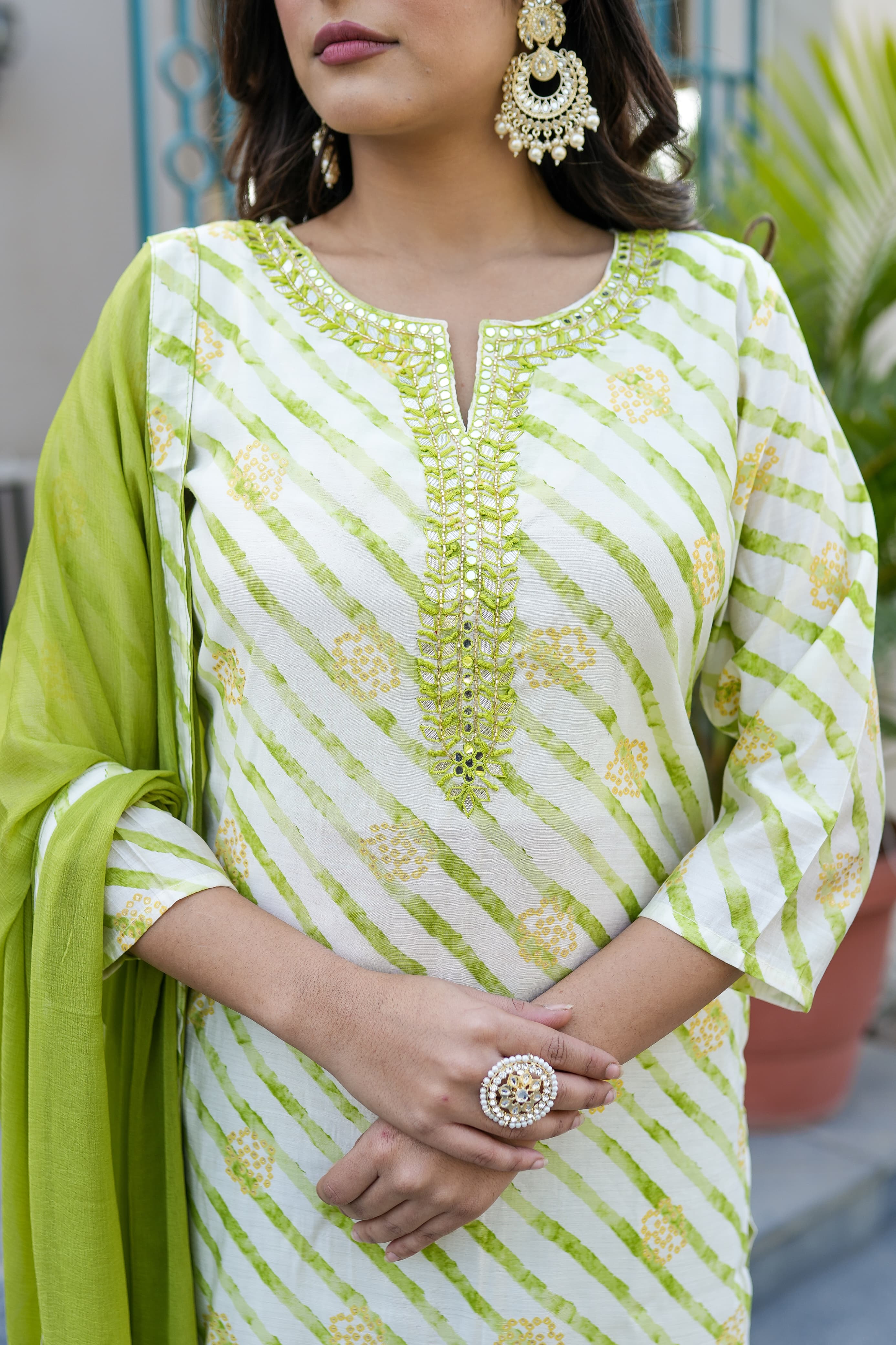 Parrot Green leheriya straight kurta set with mirror work