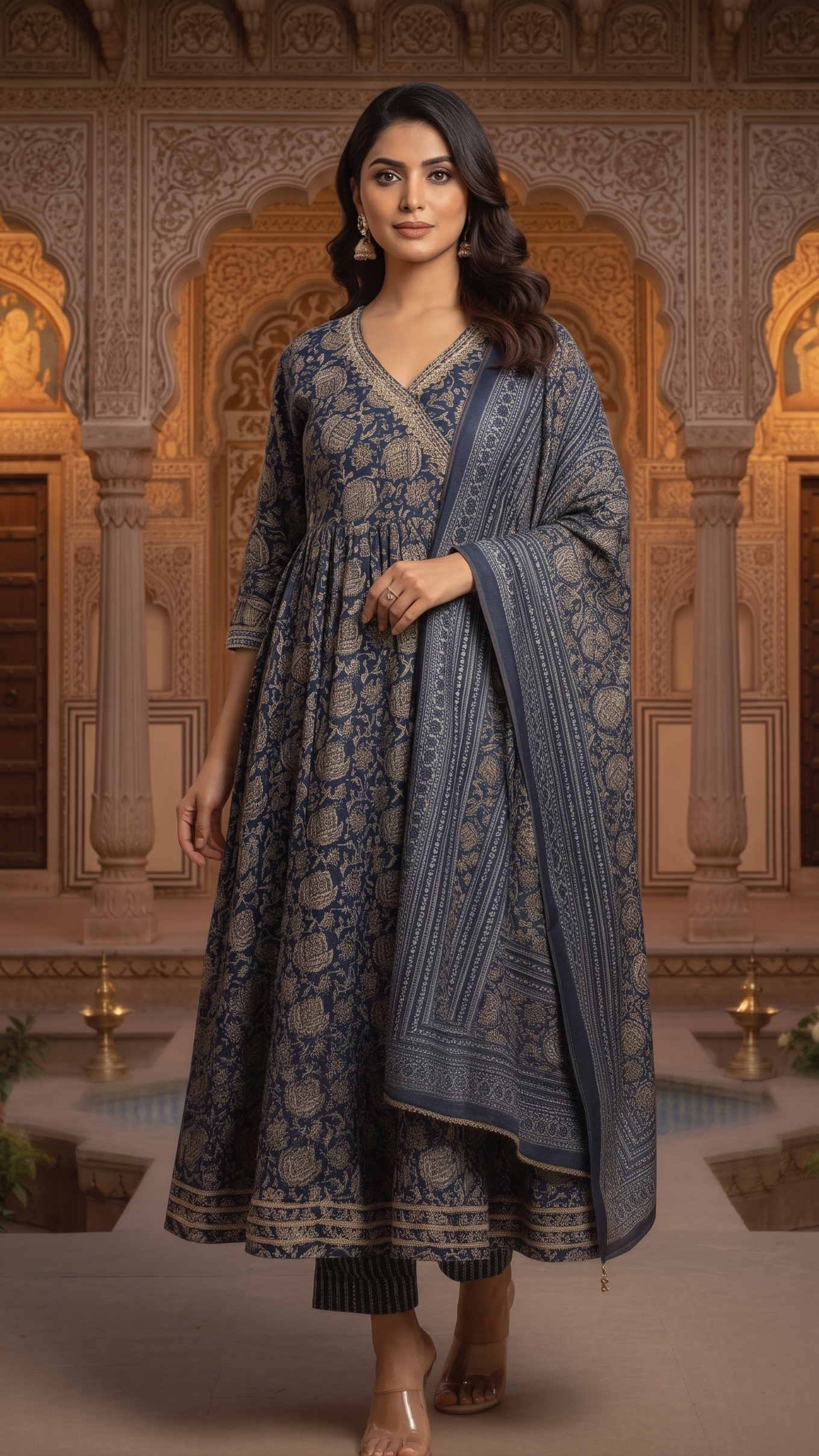 Slate Blue Floral Anarkali Suit Set