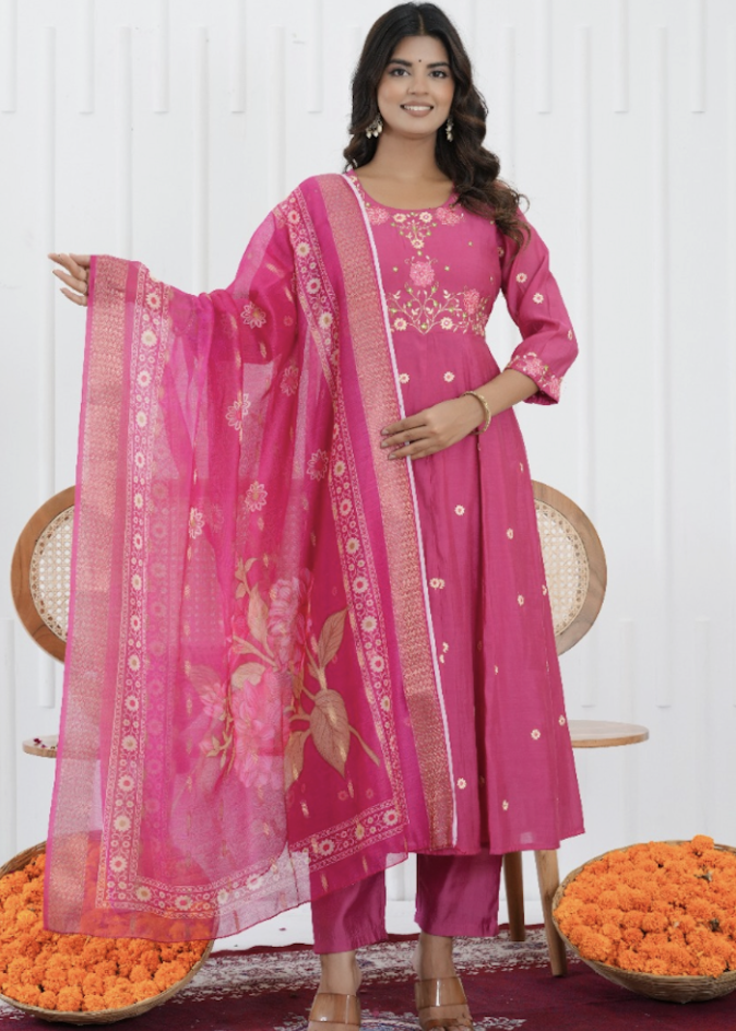 Rosy Pink Embroidered A-Line Suit Set