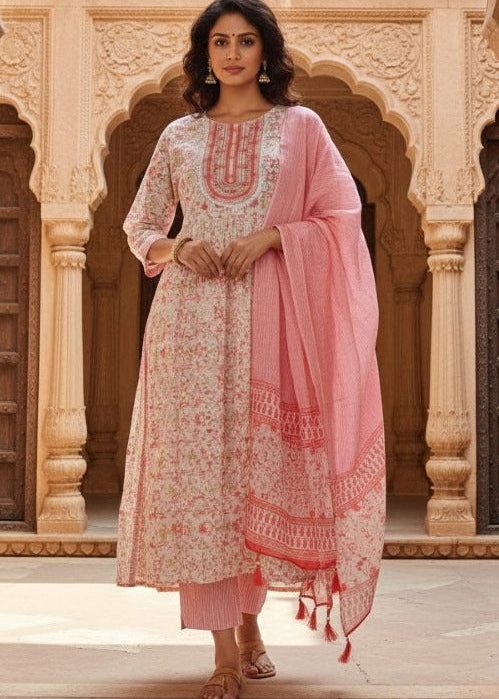 Off-White & Coral Embroidered Kurti