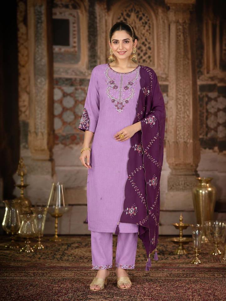 Lavender Embroidered Straight Suit Set