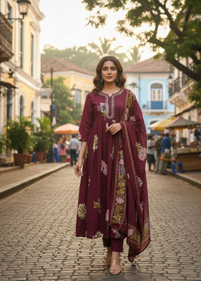 Deep Plum Grace Floral Embroidered Suit Set