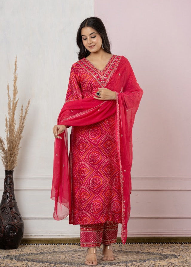 Crimson Red Bandhani-Print Suit Set