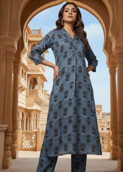 Slate Blue Tribal Printed Sequin Kurti