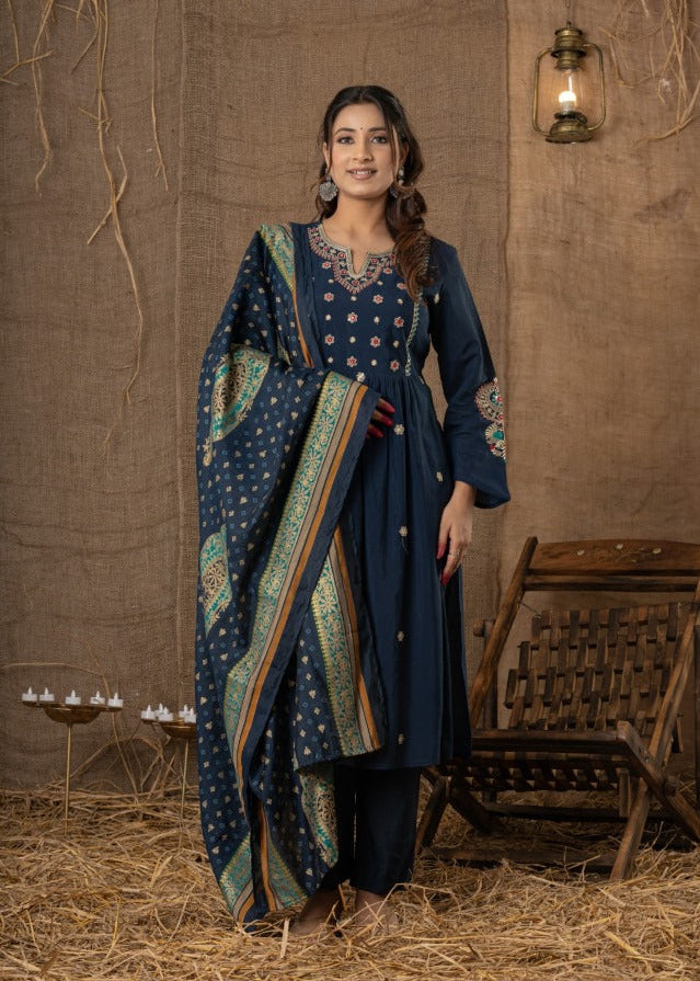 Navy Blue Embroidered A-Line Suit Set