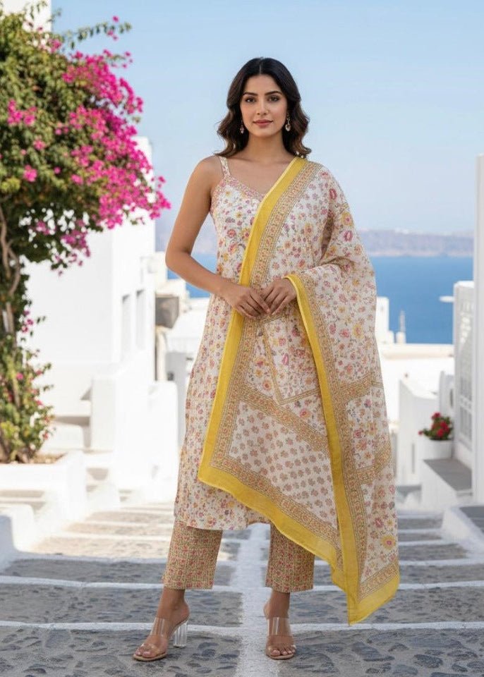 White Multi-Colour Floral Print Suit Set