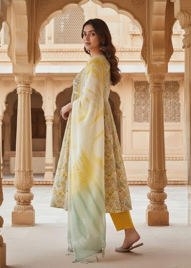Yellow Floral Angrakha Anarkali Perfect Summer-Spring Style In Modal Fabric