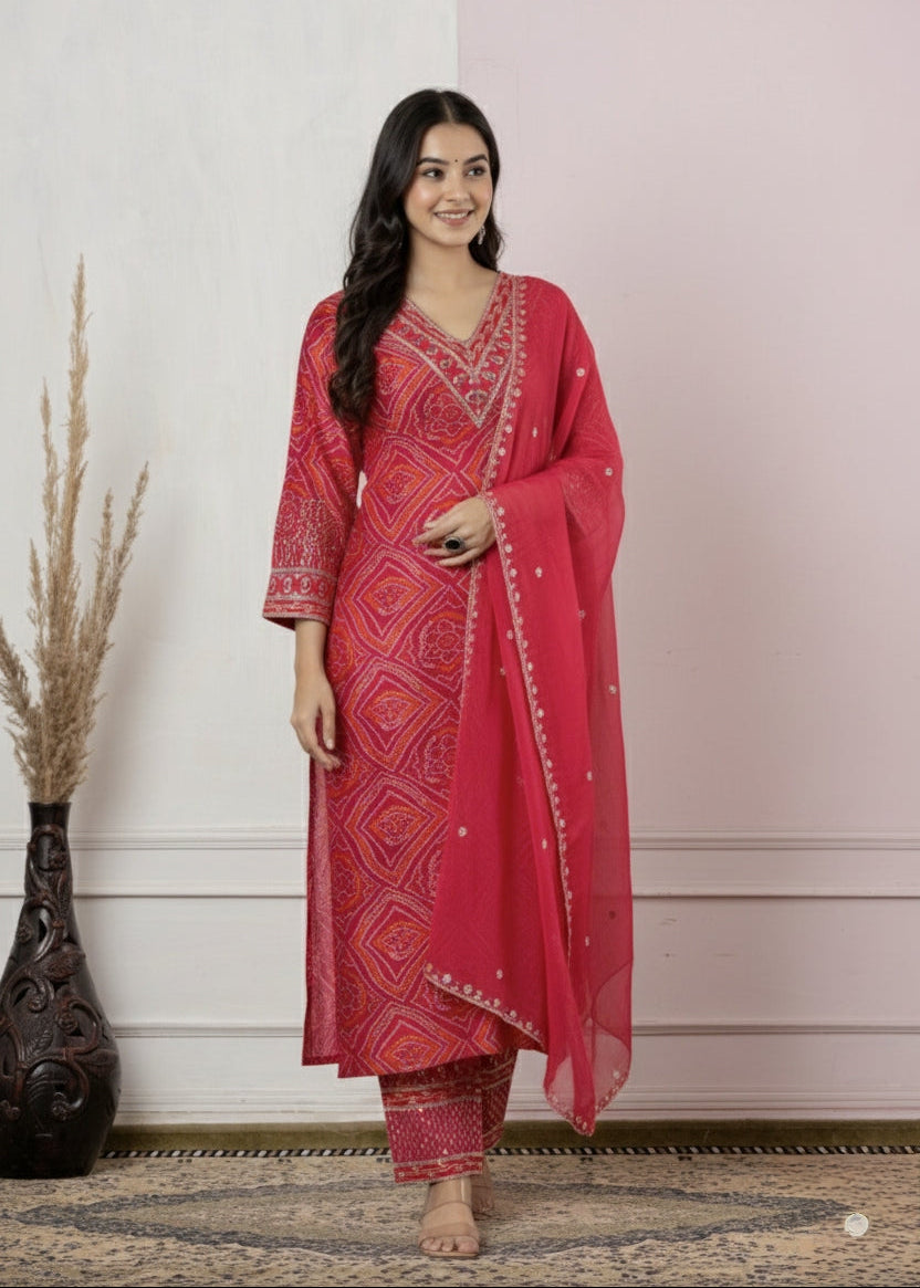 Crimson Red Bandhani-Print Suit Set