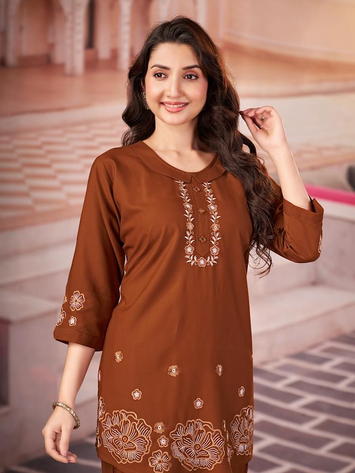 Rust Brown Floral Embroidered Co-ord Set