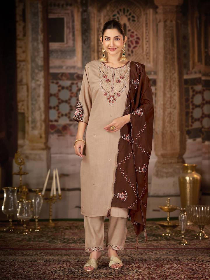 Beige & Brown Embroidered Kurta Set