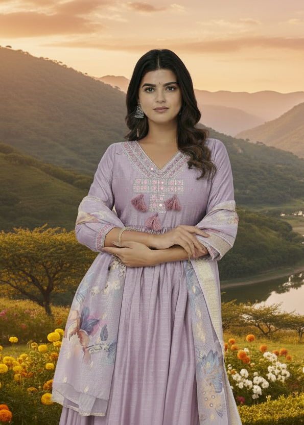 Lavender Embroidered A-Line Suit Set