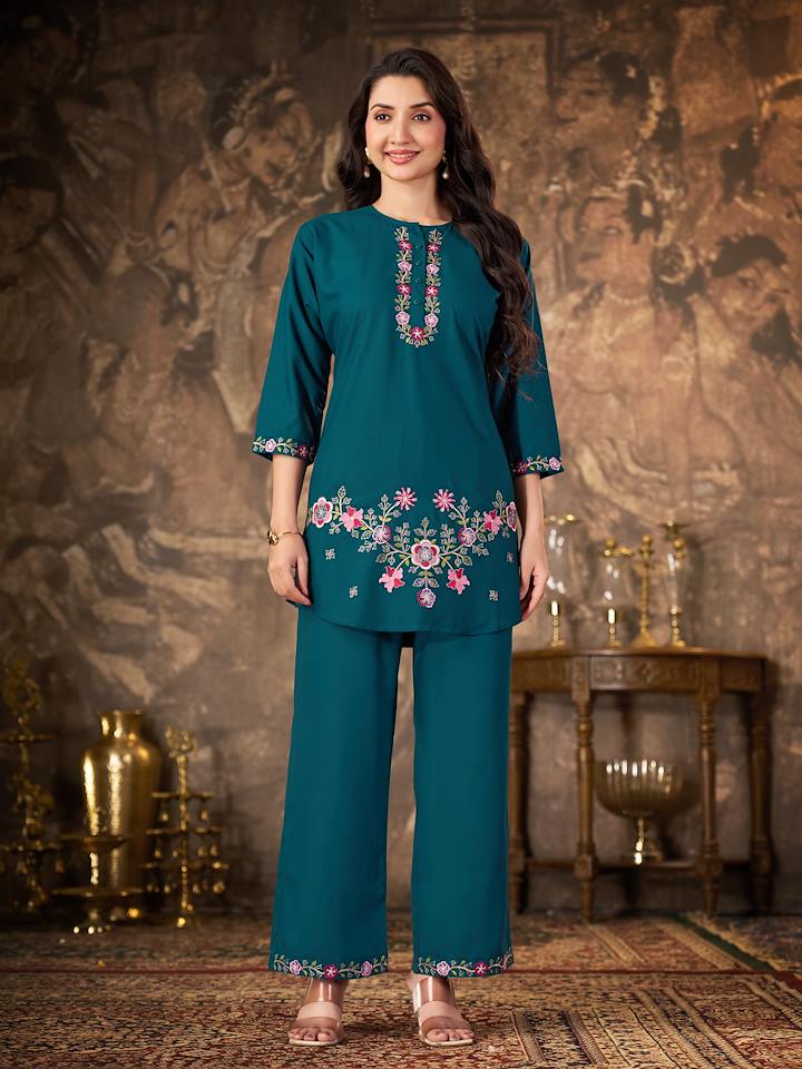 Teal Green Floral Embroidered Co-ord Set