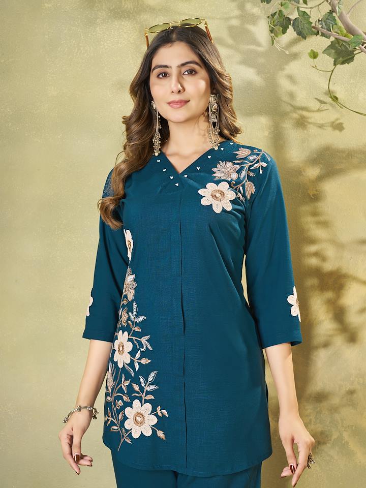 Blue Floral Embroidered Co-ord Set
