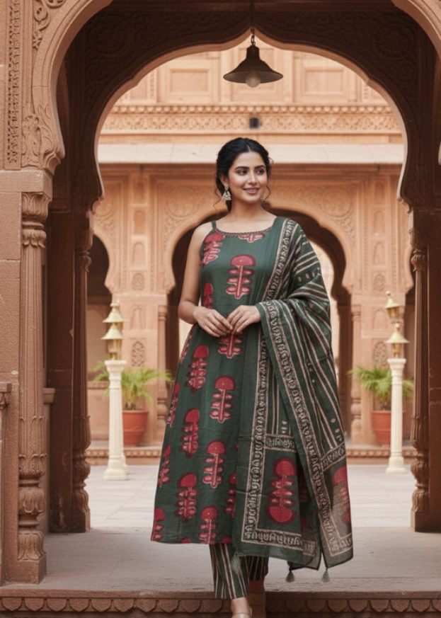 Bottle Green Block Printed Straight Kurta Suit Set