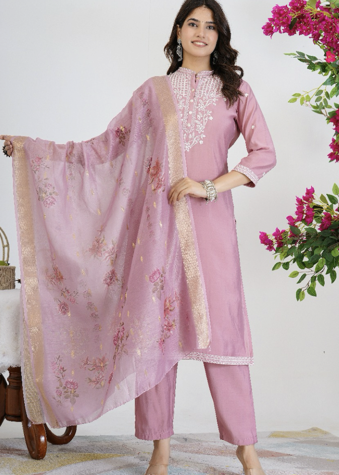 Dusty Pink Embroidered Straight Kurta Suit Set