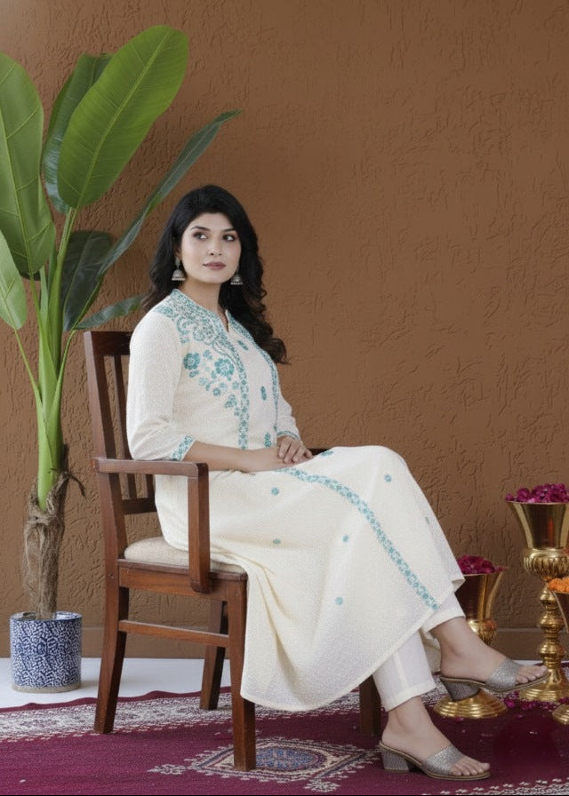 Ivory & Aqua Embroidered Suit Set With Jacket