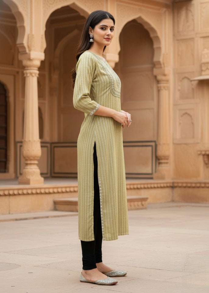 Olive Green Sequin Embroidered Kurti