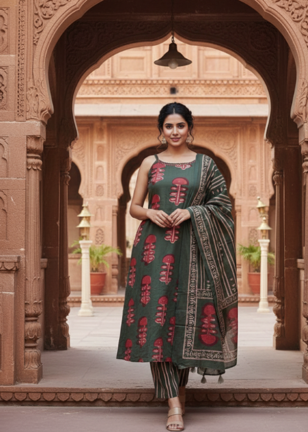 Bottle Green Block Printed Straight Kurta Suit Set