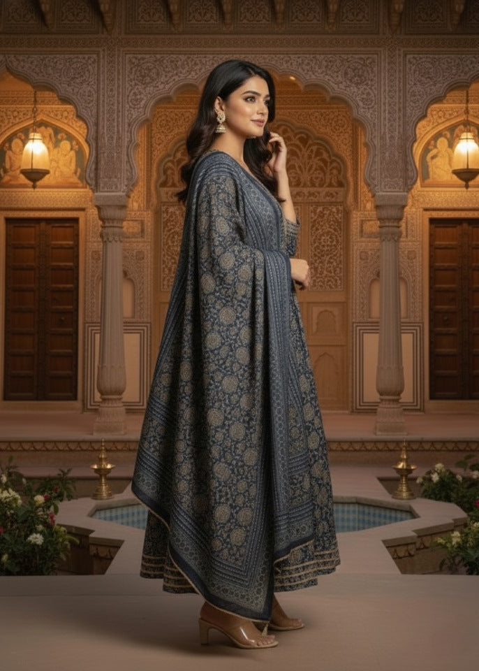 Slate Blue Floral Anarkali Suit Set