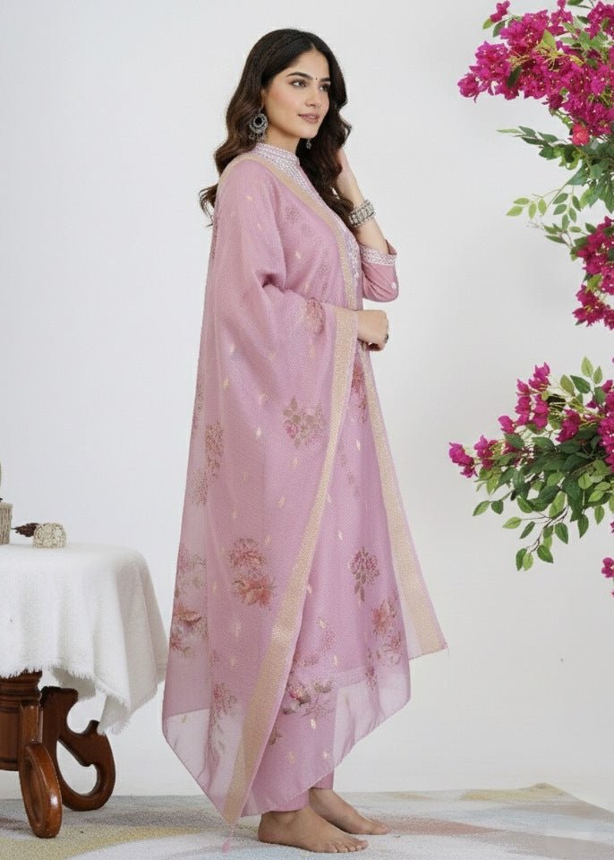 Dusty Pink Embroidered Straight Kurta Suit Set