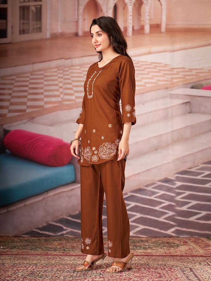 Rust Brown Floral Embroidered Co-ord Set