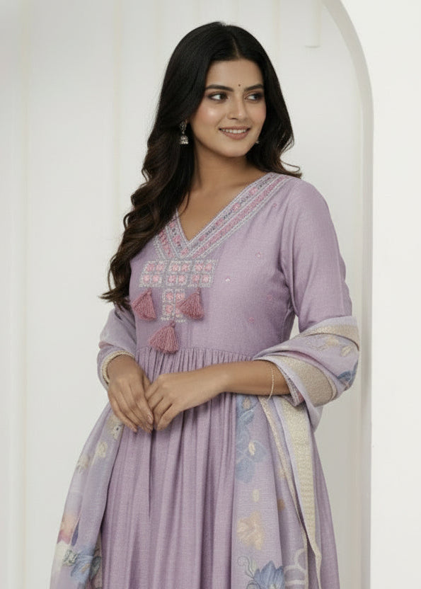 Lavender Embroidered A-Line Suit Set