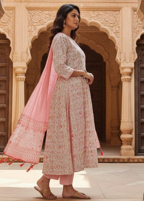 Off-White & Coral Embroidered Kurti