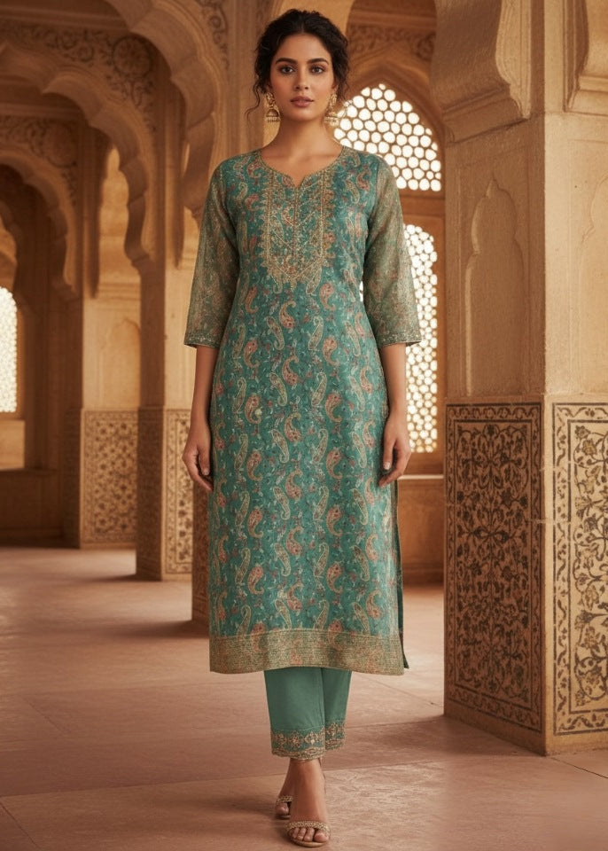 Teal Green Paisley Embroidered Kurti Set