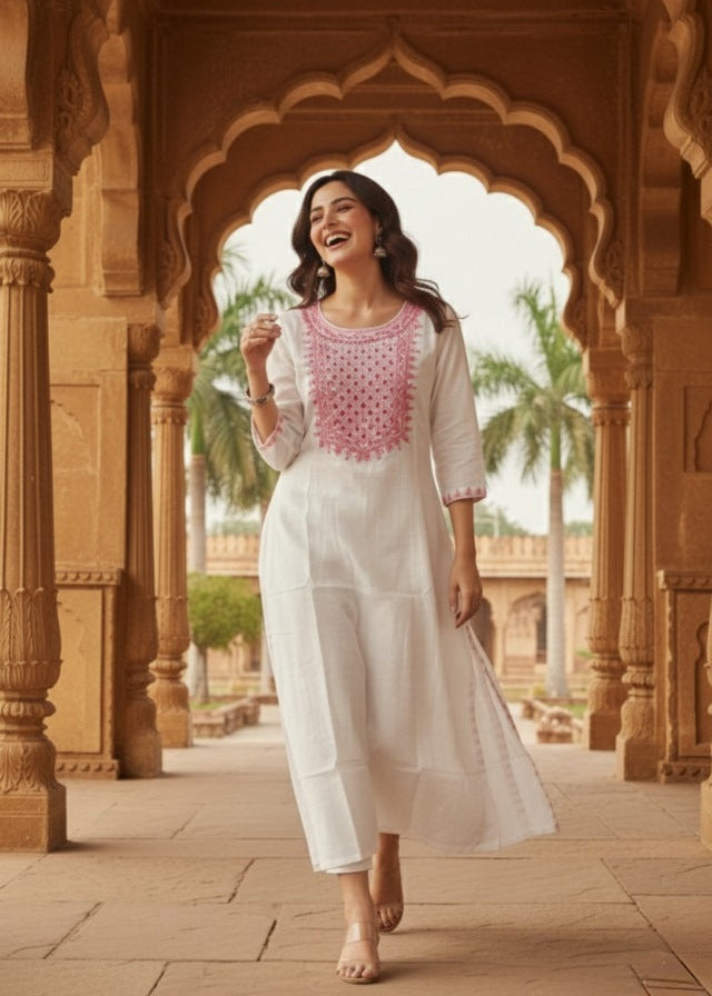 White Pure Cotton Kurti With Mirror Work