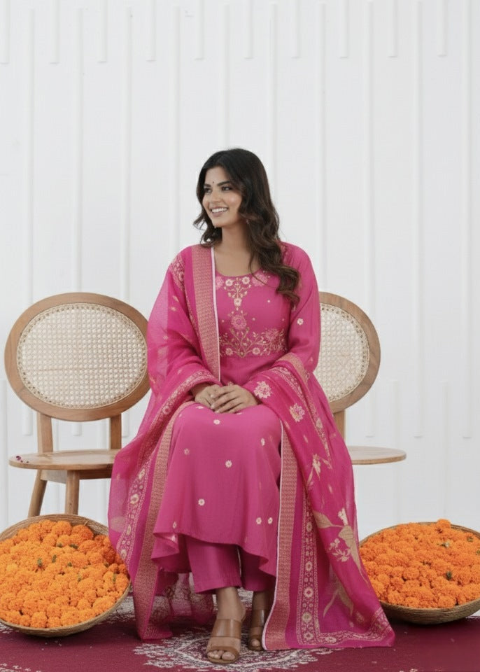Rosy Pink Embroidered A-Line Suit Set