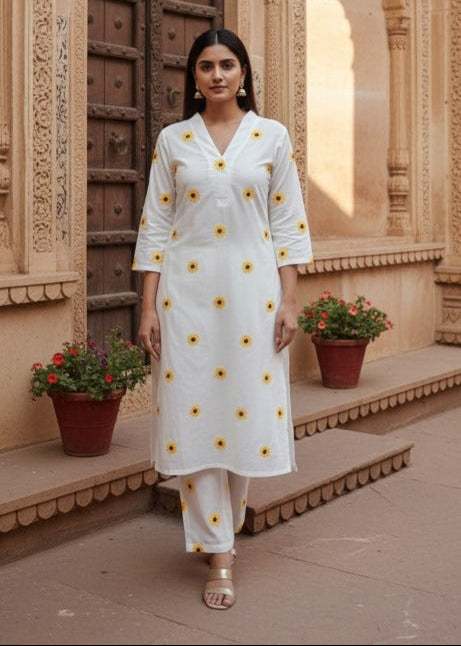 Elegant White Sunflower Printed Kurti
