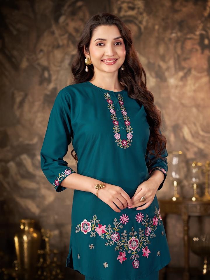 Teal Green Floral Embroidered Co-ord Set