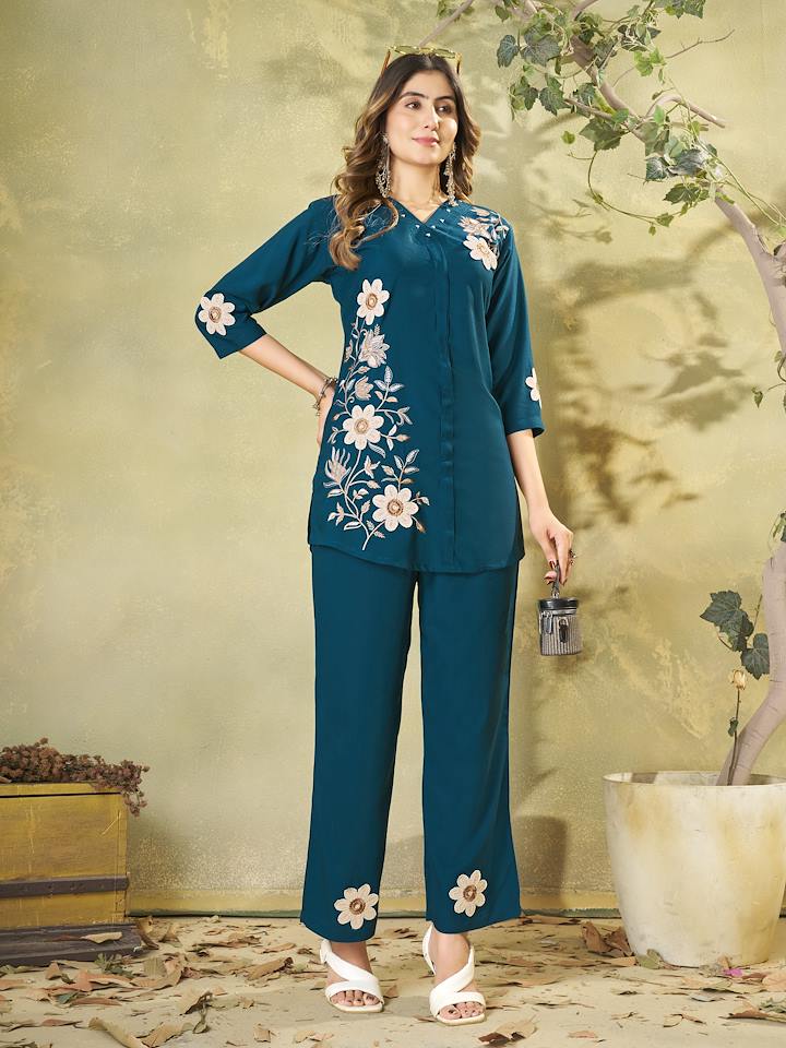 Blue Floral Embroidered Co-ord Set