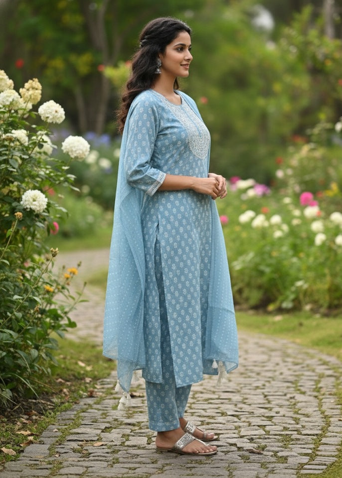 Sky Blue Floral Embroidered Kurti Set