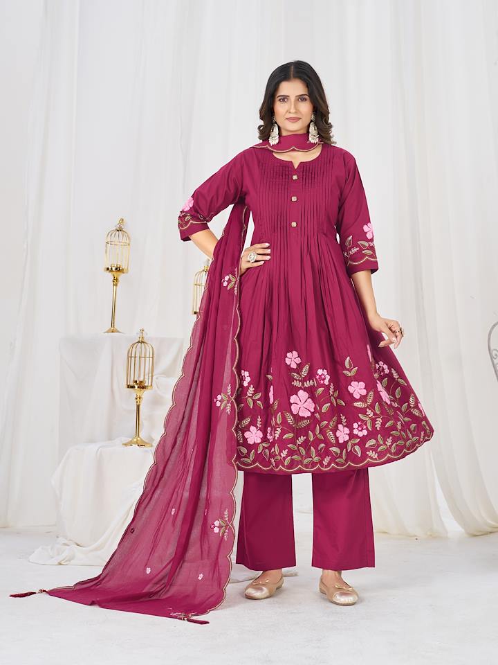 Magenta Floral Embroidered Anarkali Kurta Set