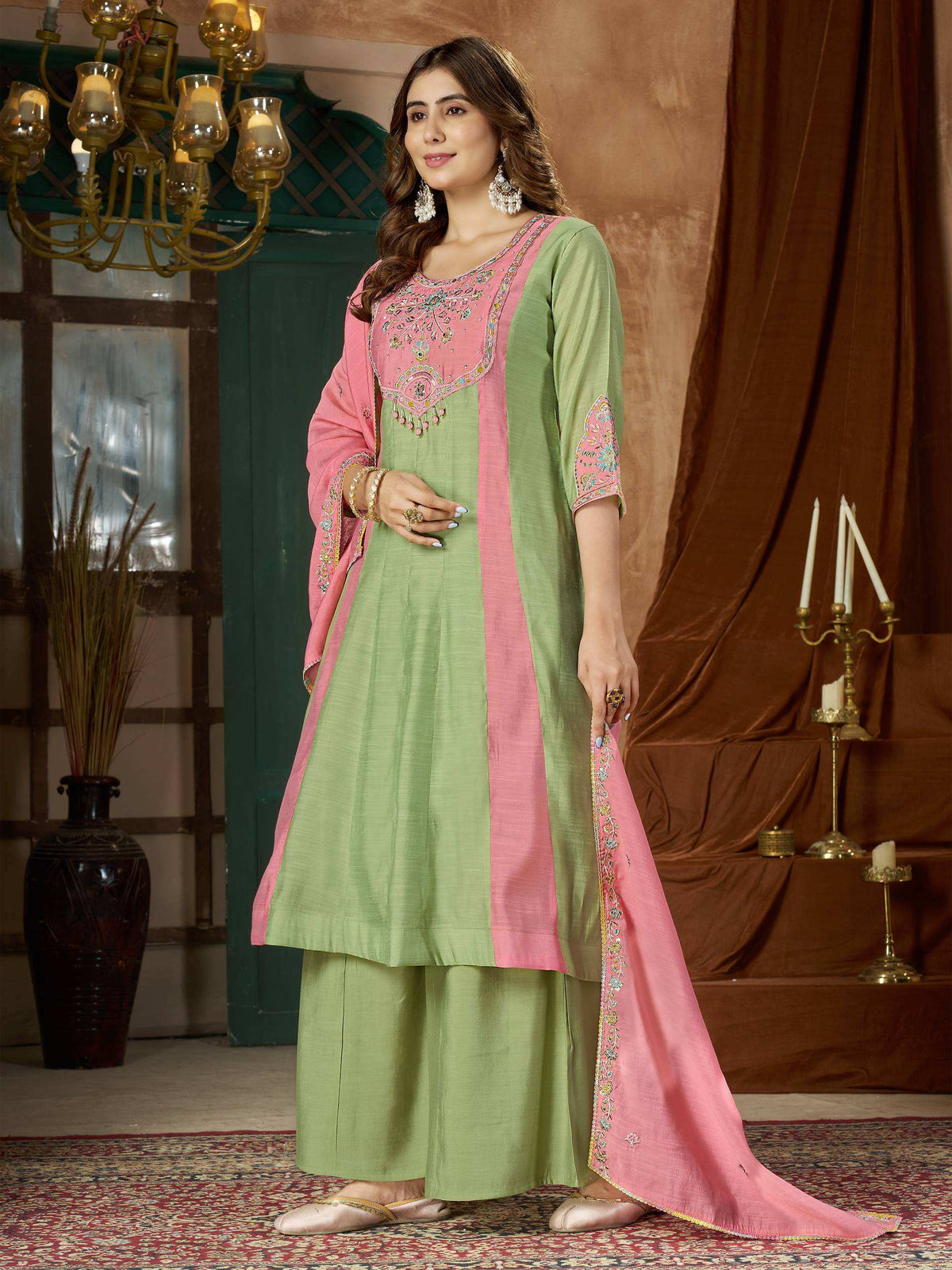 Sage Green & Pink Embroidered Palazzo Suit Set