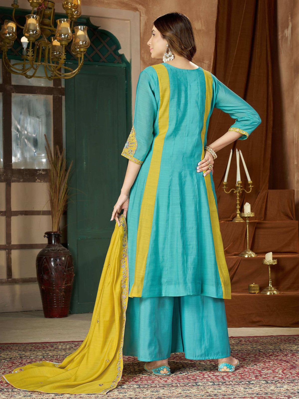 Turquoise & Mustard Embroidered Palazzo Suit Set