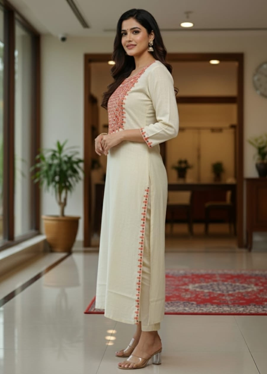 Cream Orange Embroidered Mirror Work Kurti