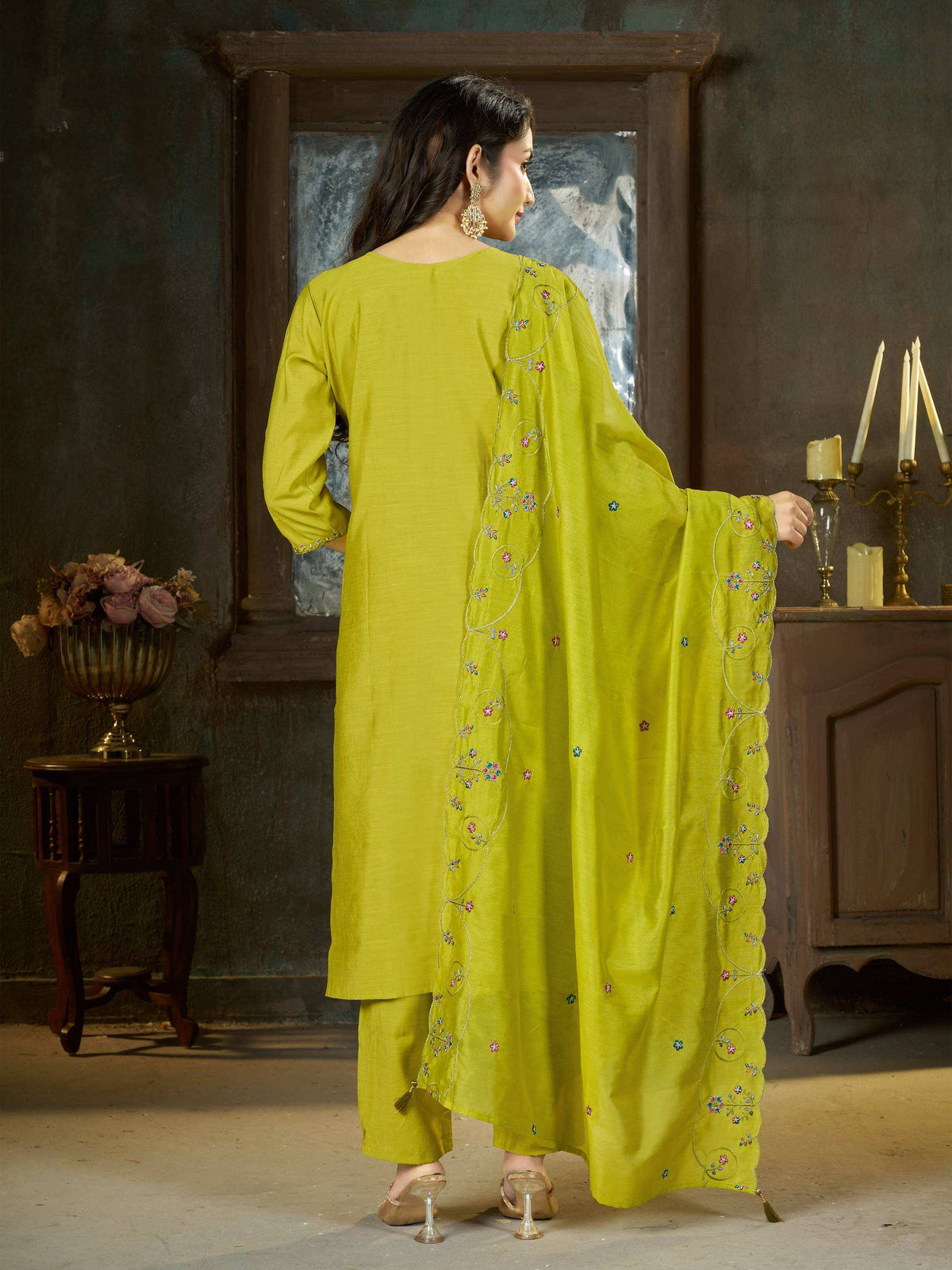 Lime Green Embroidered Straight Suit Set