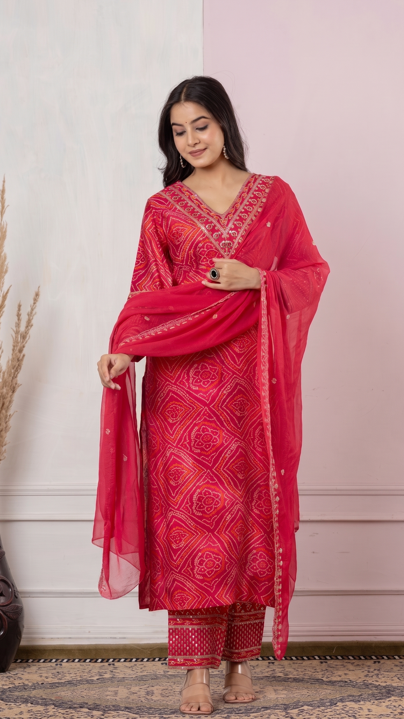 Crimson Red Bandhani-Print Suit Set