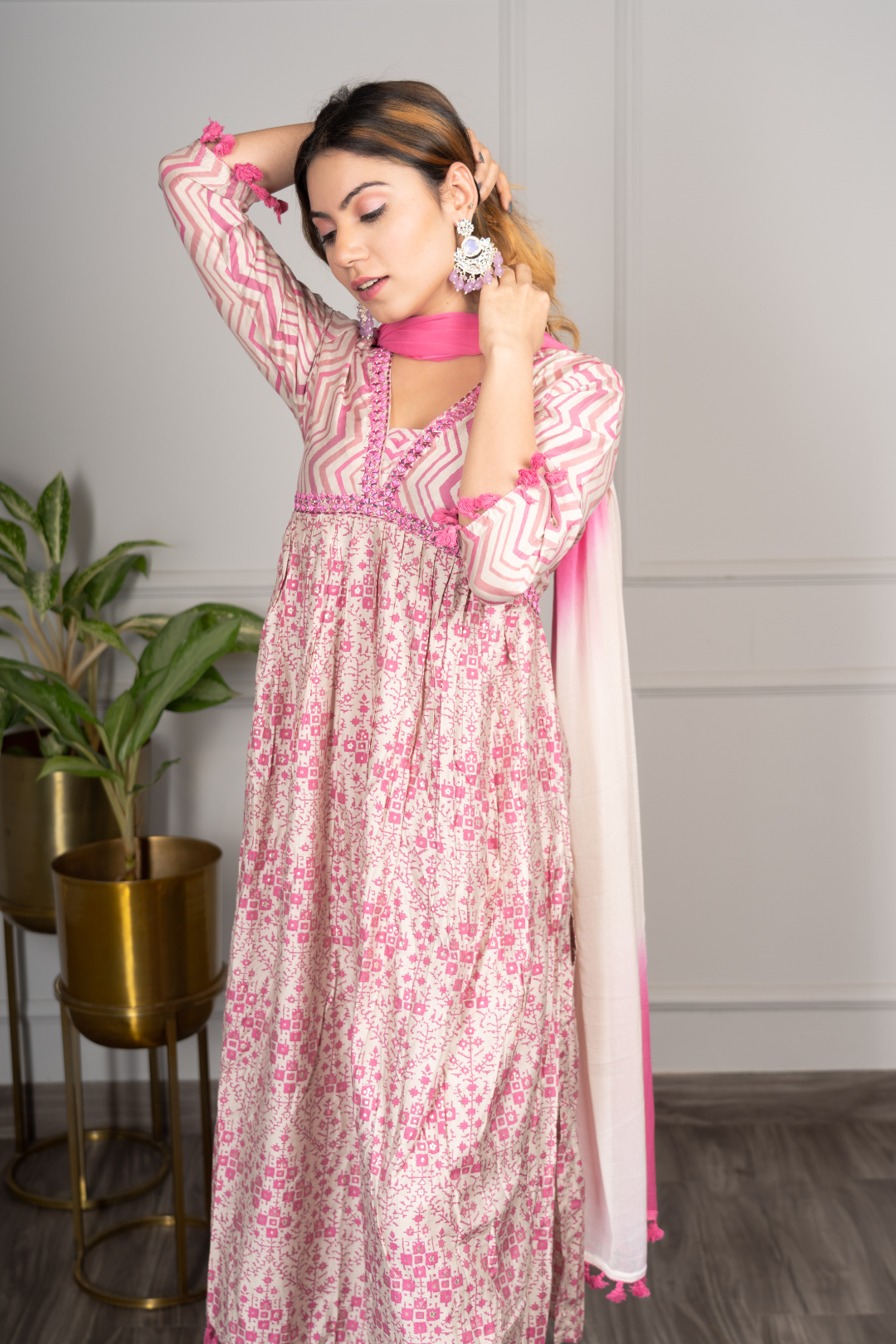 Pink Mirror work Alia Cut Kurta with Dupatta and Salwar